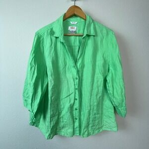 Talbots Irish Linen Button Up Shirt Womens 3X Petite Green 3/4 Sleeve Coastal